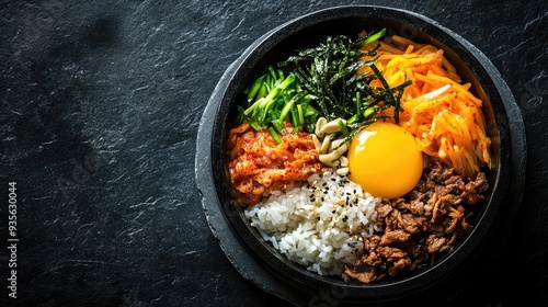 A sizzling Korean dolsot bibimbap (stone pot rice) with colorful toppings, leaving room for text on one side. photo