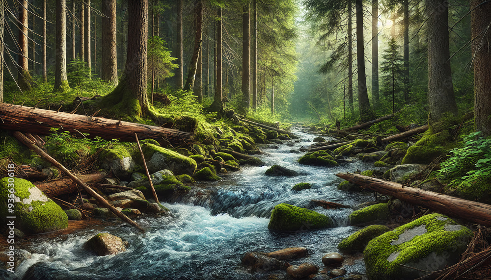 Fototapeta premium A realistic forest stream flowing through lush greenery