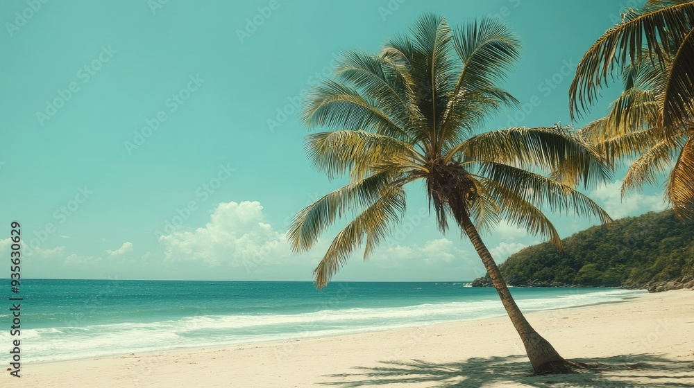 Obraz premium A green palm tree swaying in the breeze on a tropical beach, symbolizing relaxation -