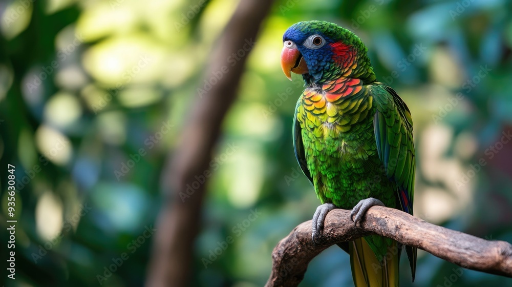 Naklejka premium A green parrot flying through a tropical forest, vibrant and full of life, a burst of color