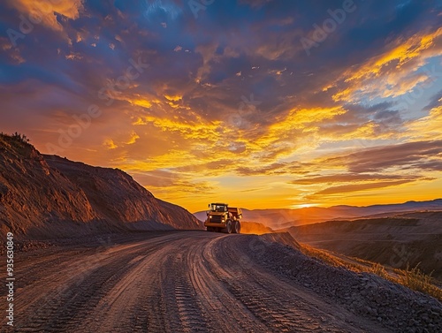 Stunning mining landscape featuring excavator and truck under a vibrant sunset sky