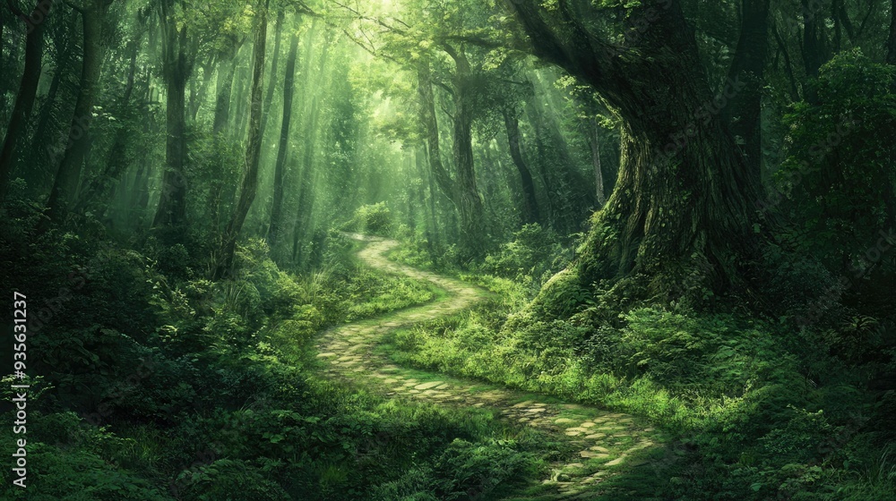Fototapeta premium A green path winding through a dense forest, inviting exploration and adventure -
