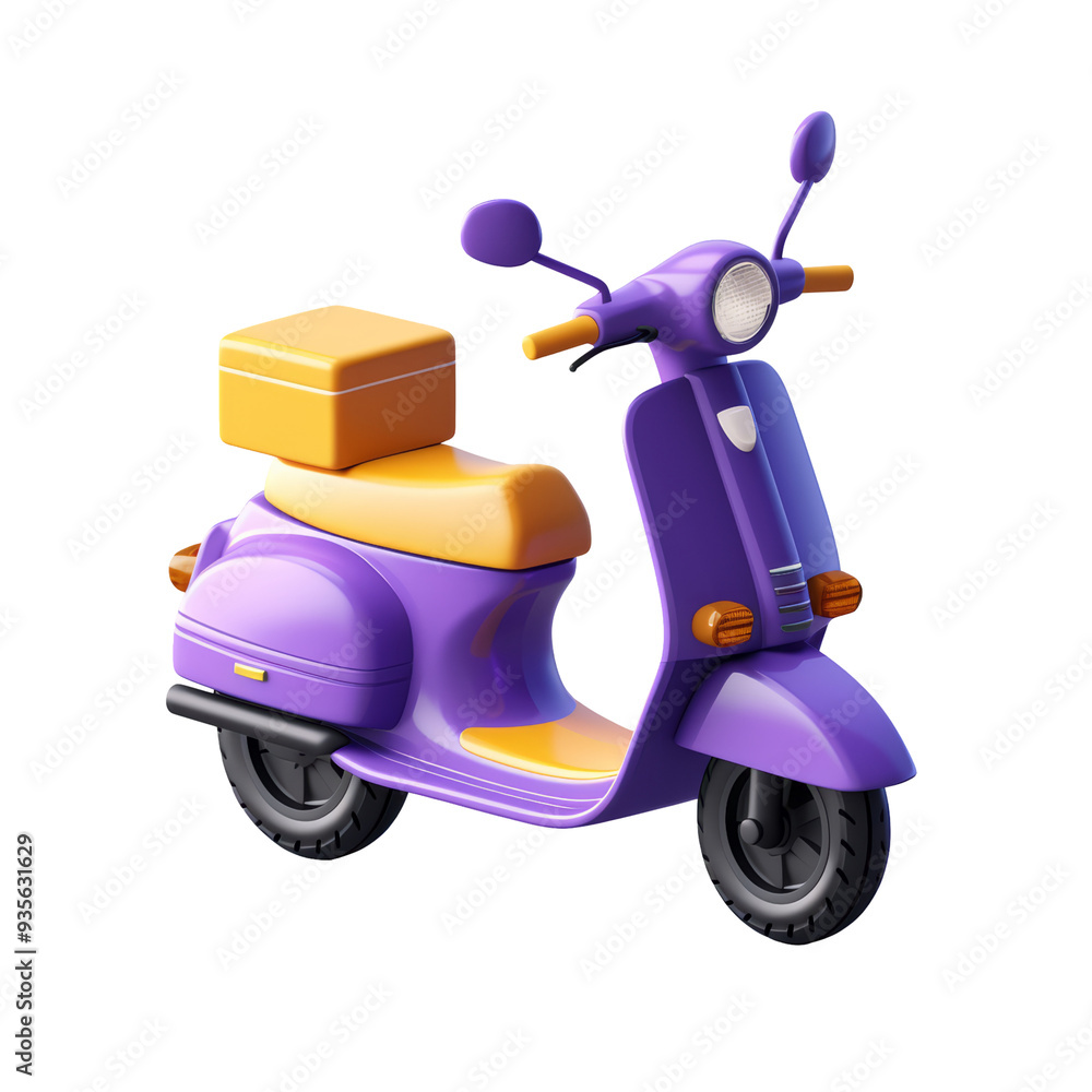 A 3D rendering of a purple scooter with a yellow seat and box. A 3D rendering of a purple scooter with a yellow seat and box.