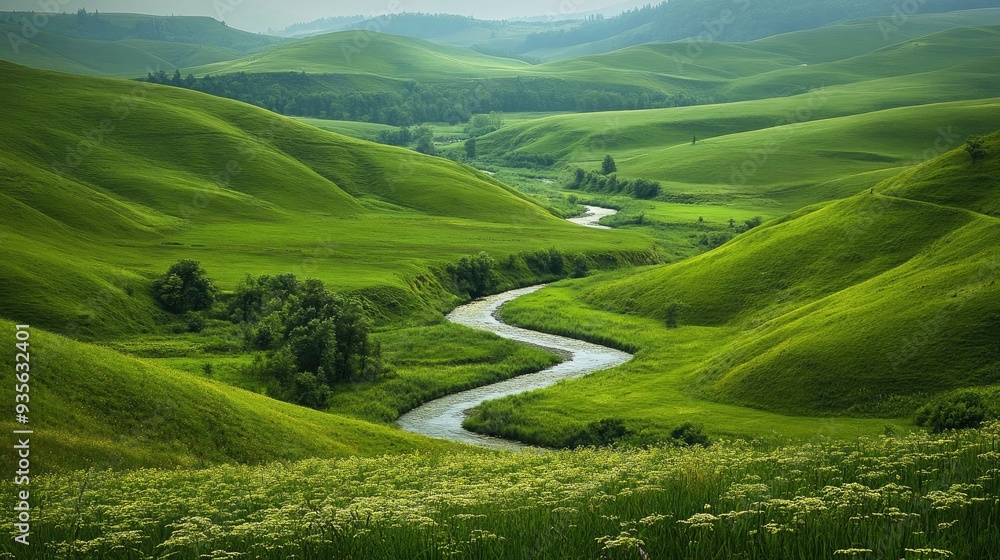A green valley with rolling hills and a winding river, peaceful and idyllic A green valley with rolling hills and a winding river, peaceful and idyllic