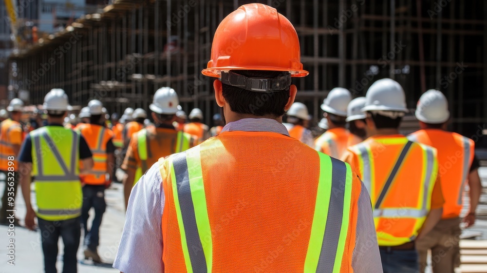Workers following safety protocols at a construction site, emphasizing the importance of safety gear and procedures. Workers following safety protocols at a construction site, emphasizing the importance of safety gear and procedures.