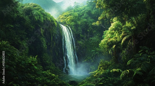 A green waterfall cascading down a cliff surrounded by lush vegetation, a hidden natural gem