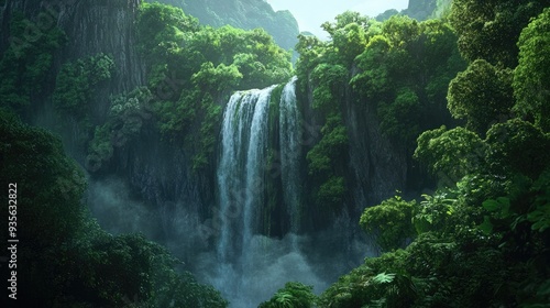 A green waterfall cascading down a cliff surrounded by lush vegetation, a hidden natural gem