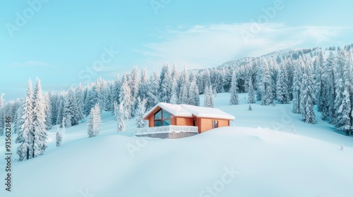 A serene winter landscape featuring a cozy wooden cabin surrounded by tall snow-covered trees and a bright blue sky.