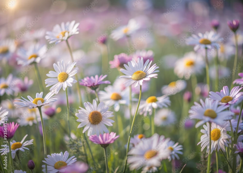 Vibrant sunny meadow landscape in early Estonian summer, blanketed with abundant white and pink spring daisies, swaying gently in the warm breeze. Vibrant sunny meadow landscape in early Estonian summer, blanketed with abundant white and pink spring daisies, swaying gently in the warm breeze.