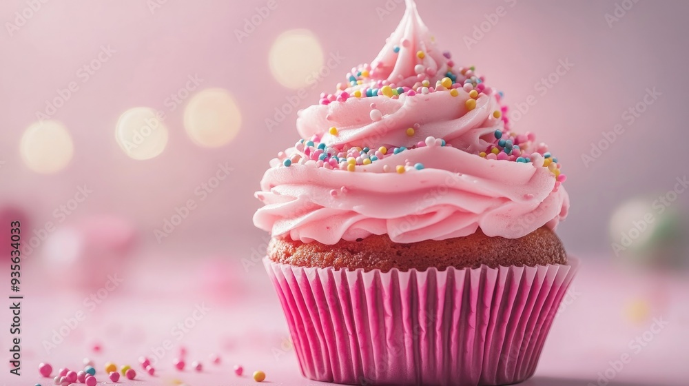 A pink cupcake with sprinkles, ready to be enjoyed at a party A pink cupcake with sprinkles, ready to be enjoyed at a party