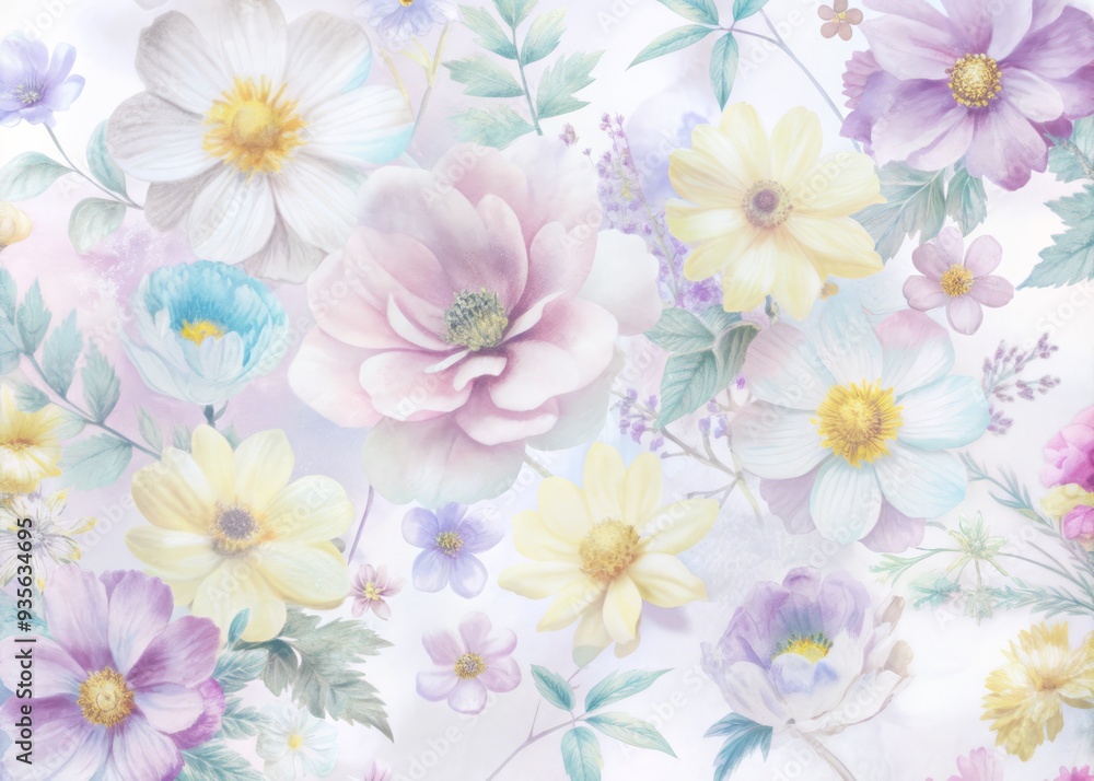 Delicate, dreamy blooms in soft pink, yellow, and blue hues spill downwards in a whimsical, hand-painted design on a crisp white background, evoking summer's gentle charm. Delicate, dreamy blooms in soft pink, yellow, and blue hues spill downwards in a whimsical, hand-painted design on a crisp white background, evoking summer's gentle charm.