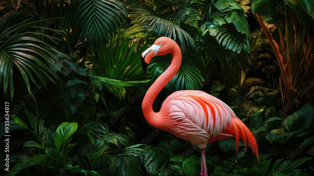 Fototapeta premium A pink flamingo garden decoration in a lush tropical setting, symbolizing elegance and beauty