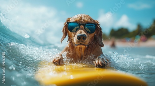 A golden retriever confidently rides a vibrant surfboard, catching waves on a beautiful sunny day while wearing cool sunglasses, embodying pure joy by the ocean photo