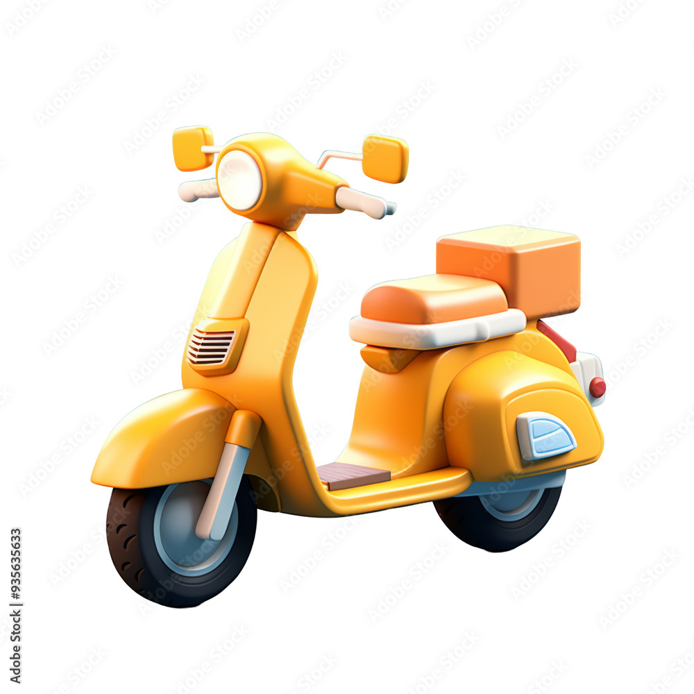 A yellow scooter with a delivery box on the back, isolated on a transparent background. A yellow scooter with a delivery box on the back, isolated on a transparent background.