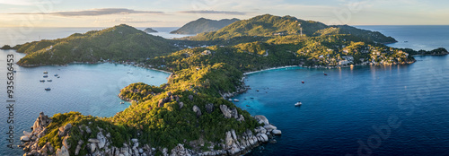 Canvas Print Aerial sunset panoramic view of Koh Tao gulf of Thailand
