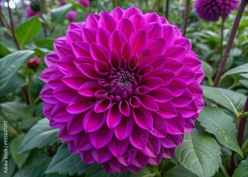 Vibrant purple dahlia flower showcases intricate petal texture in a lush botanical garden setting, evoking feelings of serenity and wonder in spring and summer seasons.