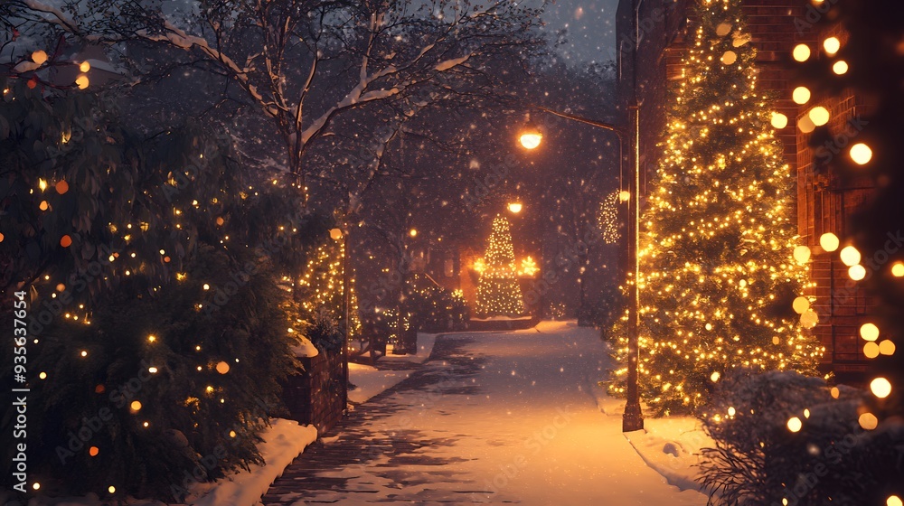 47. A serene Christmas Eve scene with a quiet snowfall and holiday lights on a street 47. A serene Christmas Eve scene with a quiet snowfall and holiday lights on a street