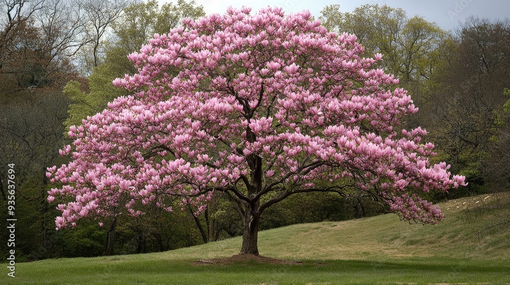 Obraz premium A pink magnolia tree in full bloom, symbolizing spring and renewal