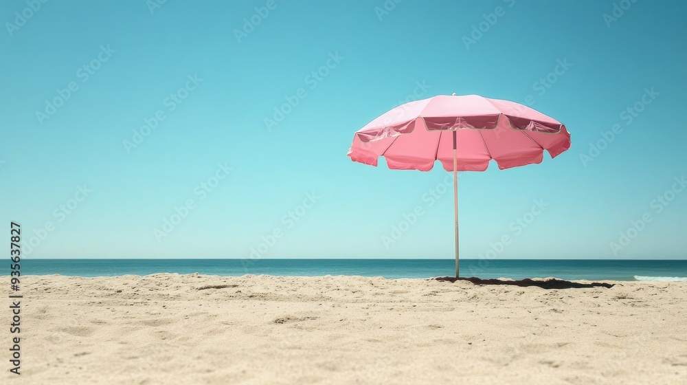 A pink parasol on a sandy beach, symbolizing relaxation and leisure A pink parasol on a sandy beach, symbolizing relaxation and leisure