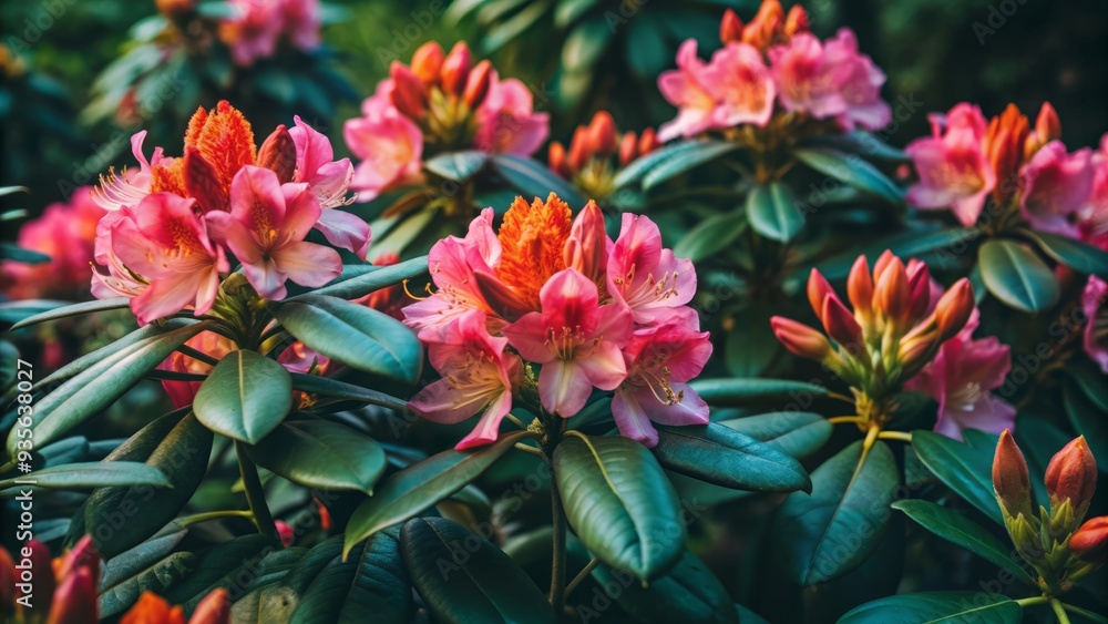 Vibrant pink rhododendron flowers bloom in a lush garden, delicate petals unfolding like trumpets, against a soft green foliage backdrop with ample copyspace. Vibrant pink rhododendron flowers bloom in a lush garden, delicate petals unfolding like trumpets, against a soft green foliage backdrop with ample copyspace.