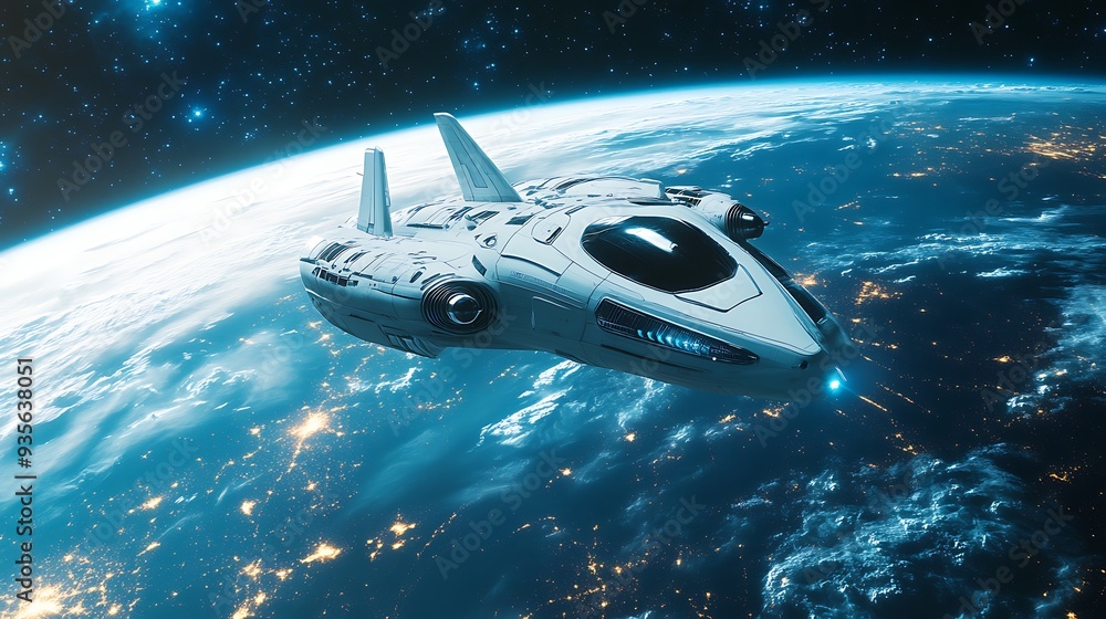 A white futuristic spaceship flies over a blue and white planet with a starry sky. A white futuristic spaceship flies over a blue and white planet with a starry sky.