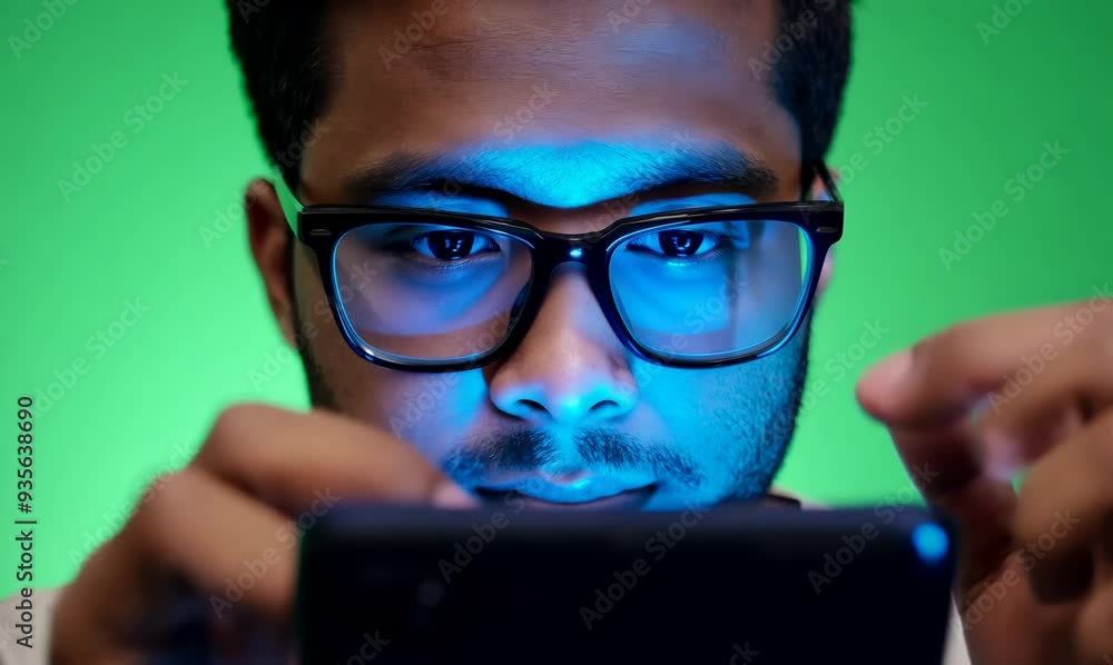 Chroma Green Screen Extreme Close-Up of Tech Enthusiast Using Smartphone Chroma Green Screen Extreme Close-Up of Tech Enthusiast Using Smartphone