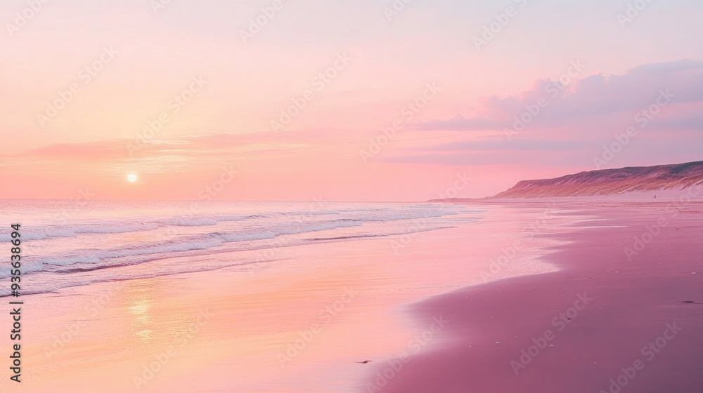 A pink pastel sunset over a quiet beach, creating a serene scene A pink pastel sunset over a quiet beach, creating a serene scene
