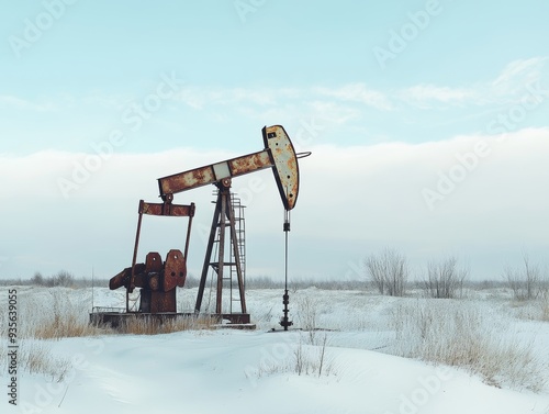 Snow covered oil pump in a winter landscape a striking blend of nature and industry