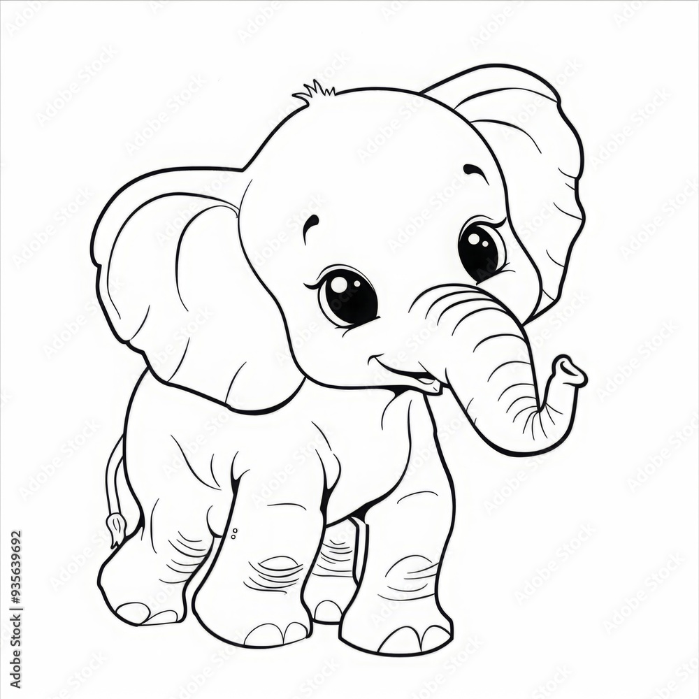 Smiling baby elephant with large eyes and raised trunk. Black and white line art illustration. Cute animal character design for coloring book. Generative AI Smiling baby elephant with large eyes and raised trunk. Black and white line art illustration. Cute animal character design for coloring book. Generative AI