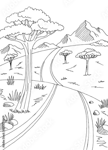 Savannah road graphic black white landscape sketch vertical illustration vector 
