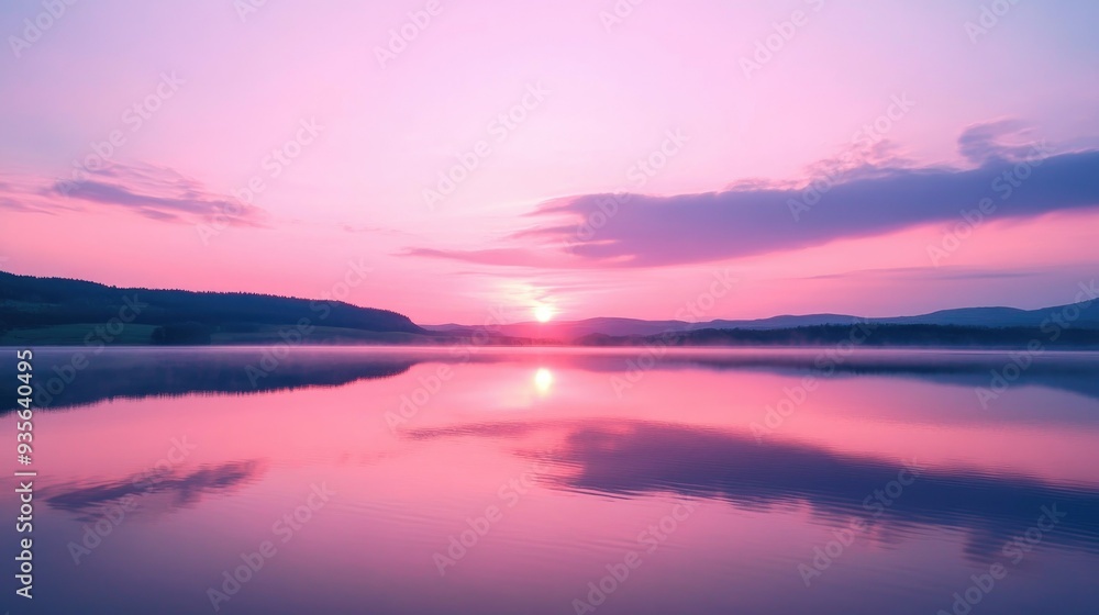 A pink sunset over a calm lake, reflecting the soft colors of the sk A pink sunset over a calm lake, reflecting the soft colors of the sk