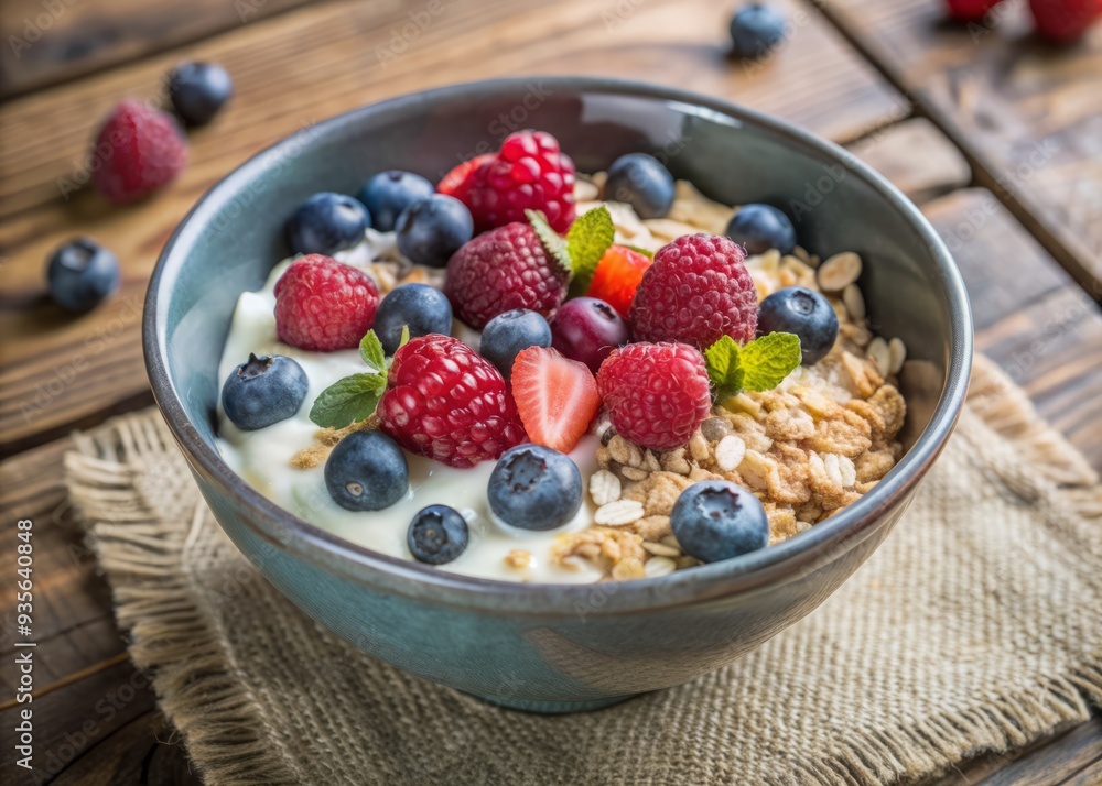 Delicious and healthy breakfast bowl filled with creamy yogurt, topped with a mix of fresh juicy berries and crunchy muesli, on a rustic wooden table. Delicious and healthy breakfast bowl filled with creamy yogurt, topped with a mix of fresh juicy berries and crunchy muesli, on a rustic wooden table.