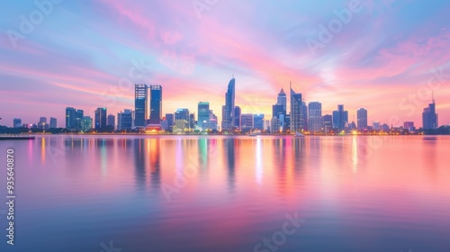 Stunning skyline at sunset reflecting on water, showcasing vibrant colors and modern architecture in a serene urban landscape.