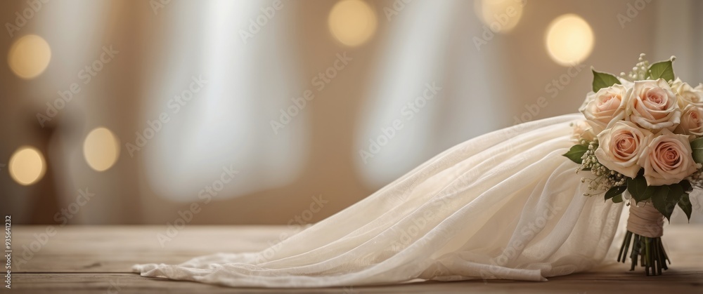 White Fabric Draped over Peach Rose Bridal Bouquet White Fabric Draped over Peach Rose Bridal Bouquet