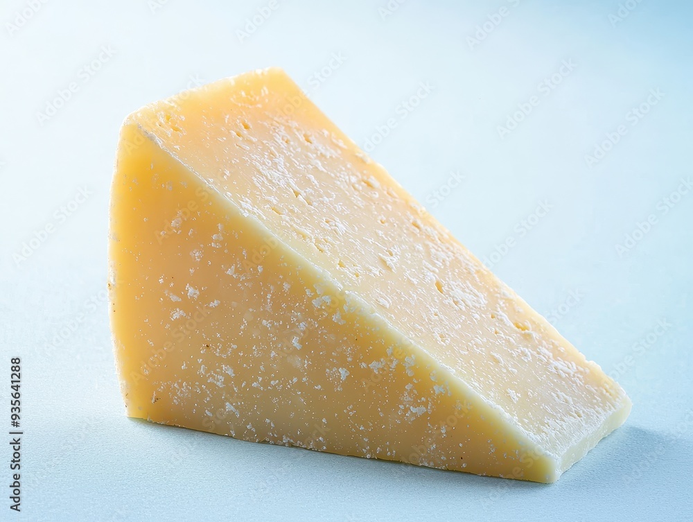 A wedge of Parmesan cheese with a textured surface on a light blue background. A wedge of Parmesan cheese with a textured surface on a light blue background.