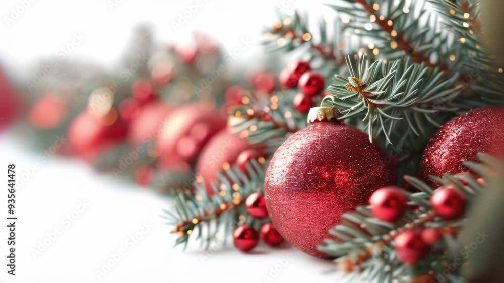 Christmas greeting card, red Xmas balls hanging on fir twig isolated on white transparent background, shot, copy space, white frame Christmas greeting card, red Xmas balls hanging on fir twig isolated on white transparent background, shot, copy space, white frame