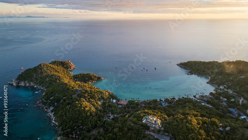 Aerial at sunset of Koh Tao Thailand travel destination for snorkelling and diving 