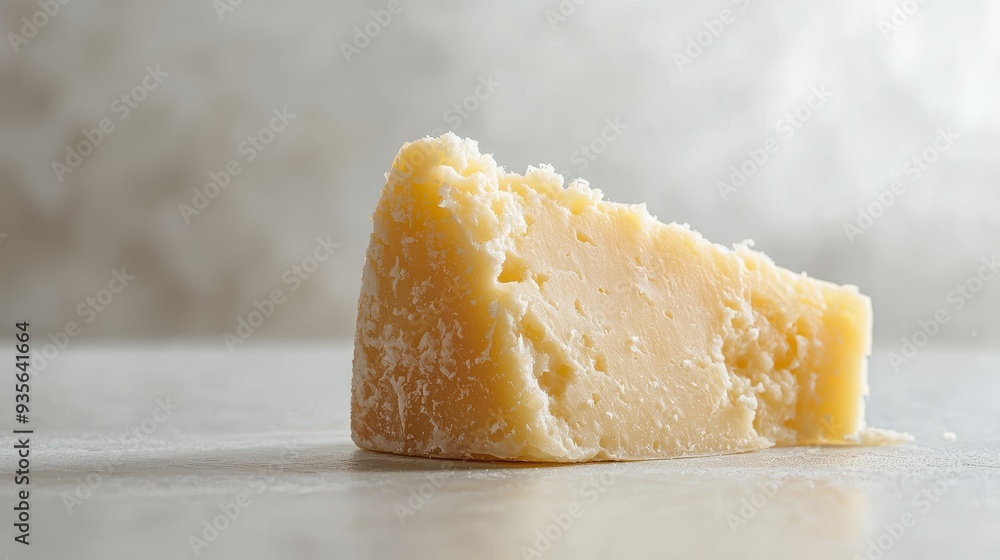 A wedge of Parmesan cheese with a textured surface on a light blue background. A wedge of Parmesan cheese with a textured surface on a light blue background.