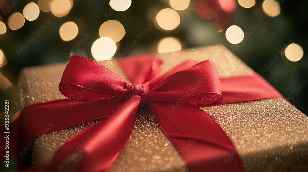 A red bow tied around a holiday gift, ready for a special occasion A red bow tied around a holiday gift, ready for a special occasion