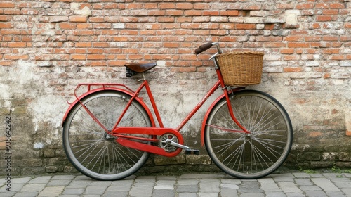 A red bicycle with a wicker basket, leaning against a brick wall, symbolizing charm and nostalgia