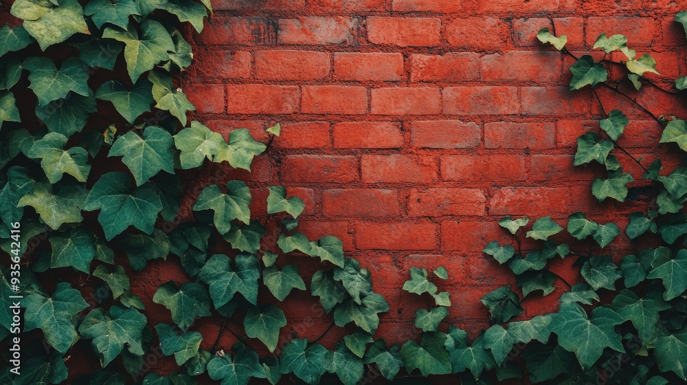 A red brick wall with ivy growing, symbolizing contrast between nature and urban elements A red brick wall with ivy growing, symbolizing contrast between nature and urban elements