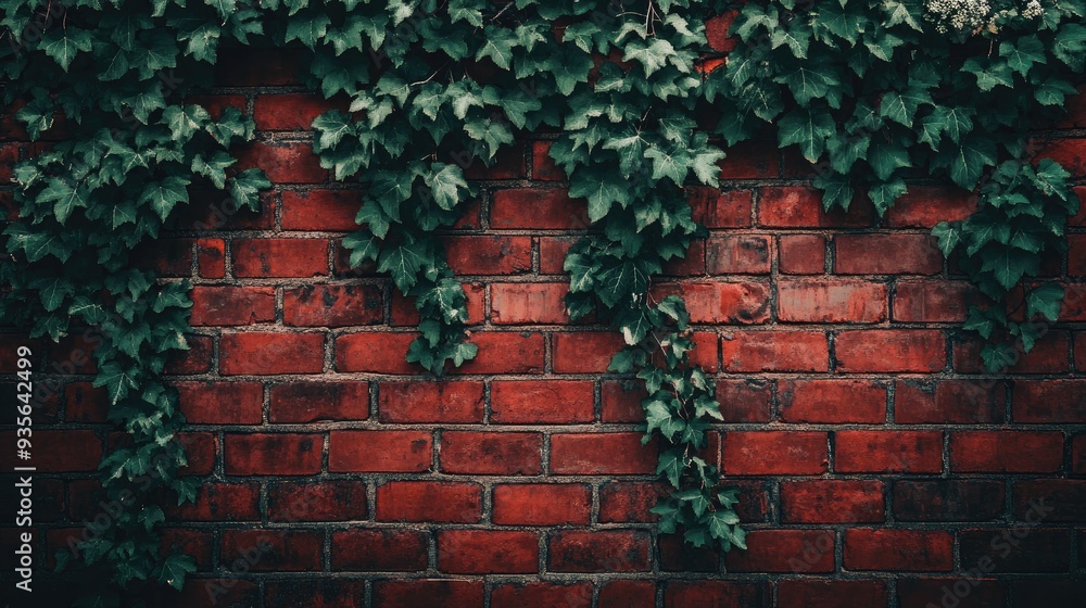 A red brick wall with ivy growing, symbolizing contrast between nature and urban elements A red brick wall with ivy growing, symbolizing contrast between nature and urban elements