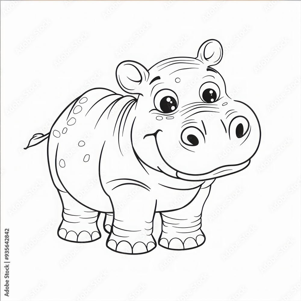 Fototapeta premium Happy cartoon hippopotamus with large eyes and smiling face. Black and white line art illustration. Cute animal character design for coloring book. Generative AI