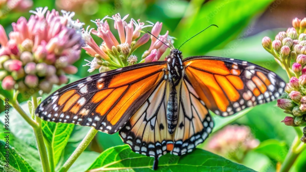 Vibrant monarch butterfly sips nectar from a blooming flower in a lush summer garden, showcasing its intricate orange and black veined wings and delicate beauty. Vibrant monarch butterfly sips nectar from a blooming flower in a lush summer garden, showcasing its intricate orange and black veined wings and delicate beauty.