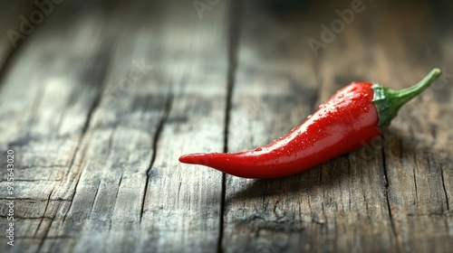 A red chili pepper on a rustic wooden table, symbolizing spice and flavor