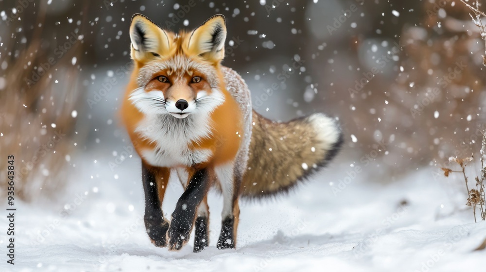 Obraz premium A red fox hunting in the snow, symbolizing survival and adaptability