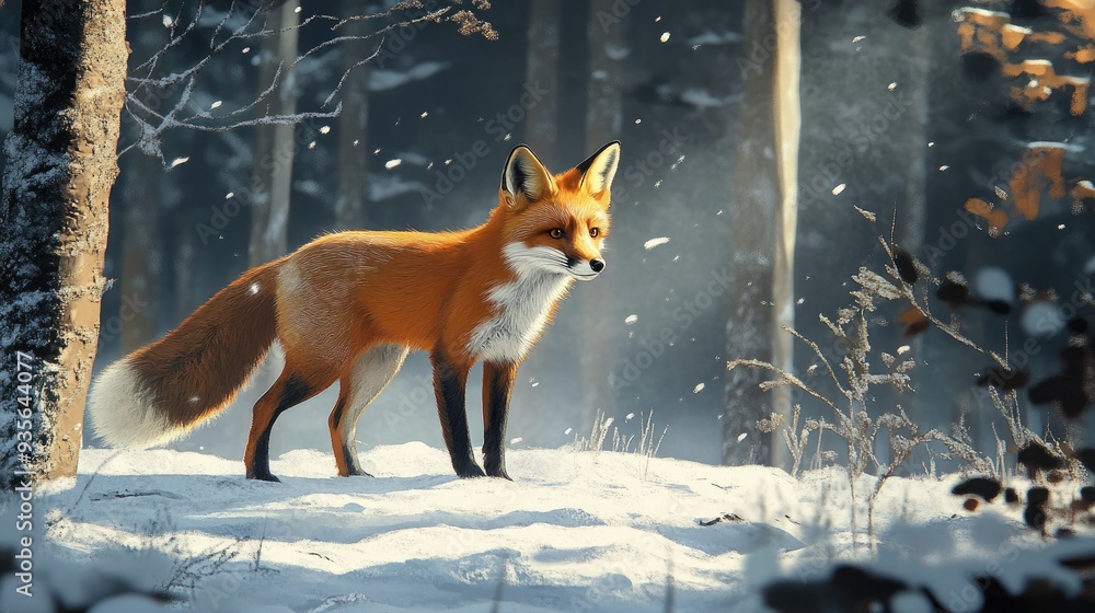 Fototapeta premium A red fox with a lush tail, standing alert in a snowy forest