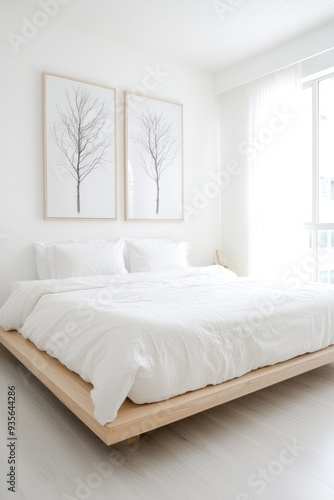 Contemporary Bedroom Oasis with Platform Bed, Nature Gallery Wall, and Soft Lighting, Generative Ai