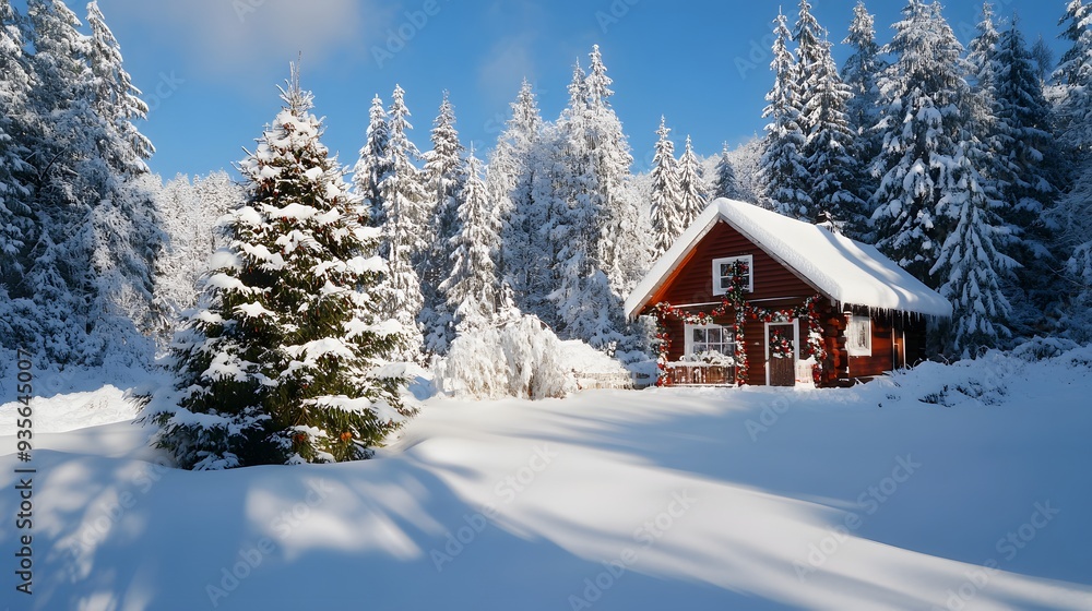 Naklejka premium 53. A festive holiday cabin with a decorated tree and a blanket of snow outside