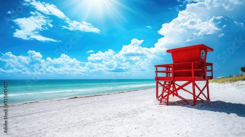 A red lifeguard stand on a sunny beach, symbolizing safety and summer fun